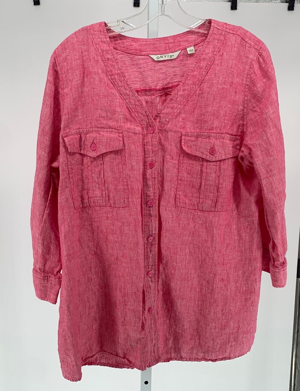 Orvis blouse linen long sleeve button down shirt dark pink women's size large